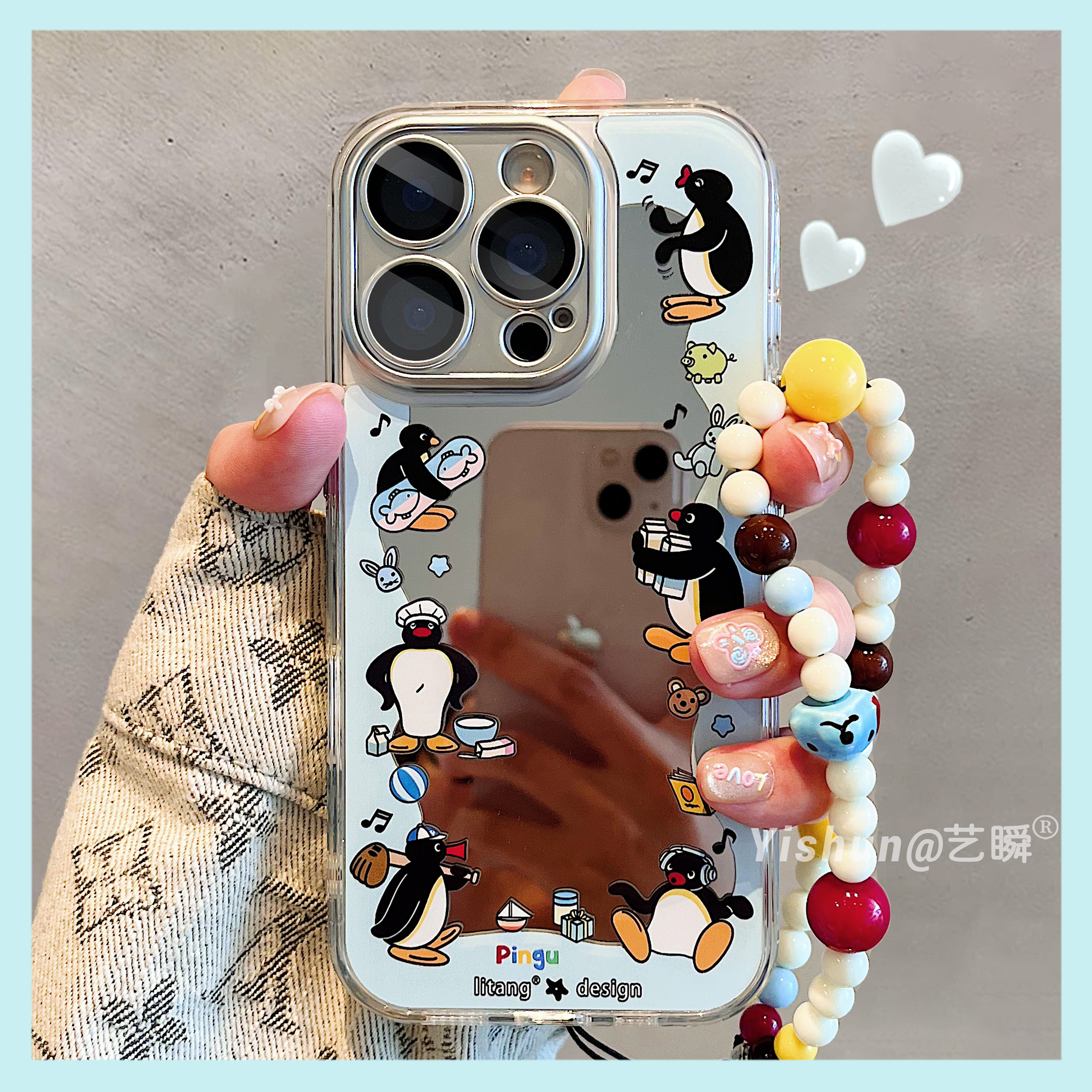 可爱卡通涂鸦小企鹅围边适用苹果16ProMax手机壳新款iPhone17pro少女可爱14plus补妆镜面13防摔女款15p保护套