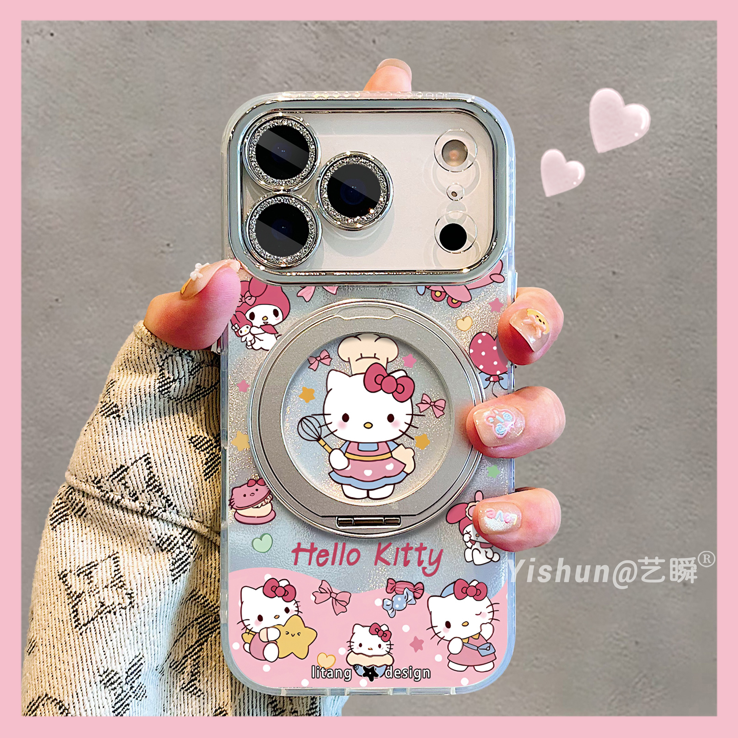粉萌甜柔·甜点小厨娘kitty酱适用苹果17/17promax手机壳360旋转支架16pro支点壳iPhone14全包15plus女保护套