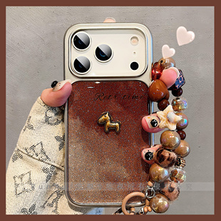 复古高级感棕色渐变晕染闪粉立体小马适用iPhone17ProMax手机壳苹果16pro电镀大孔女款15巨好看ip14pro保护套
