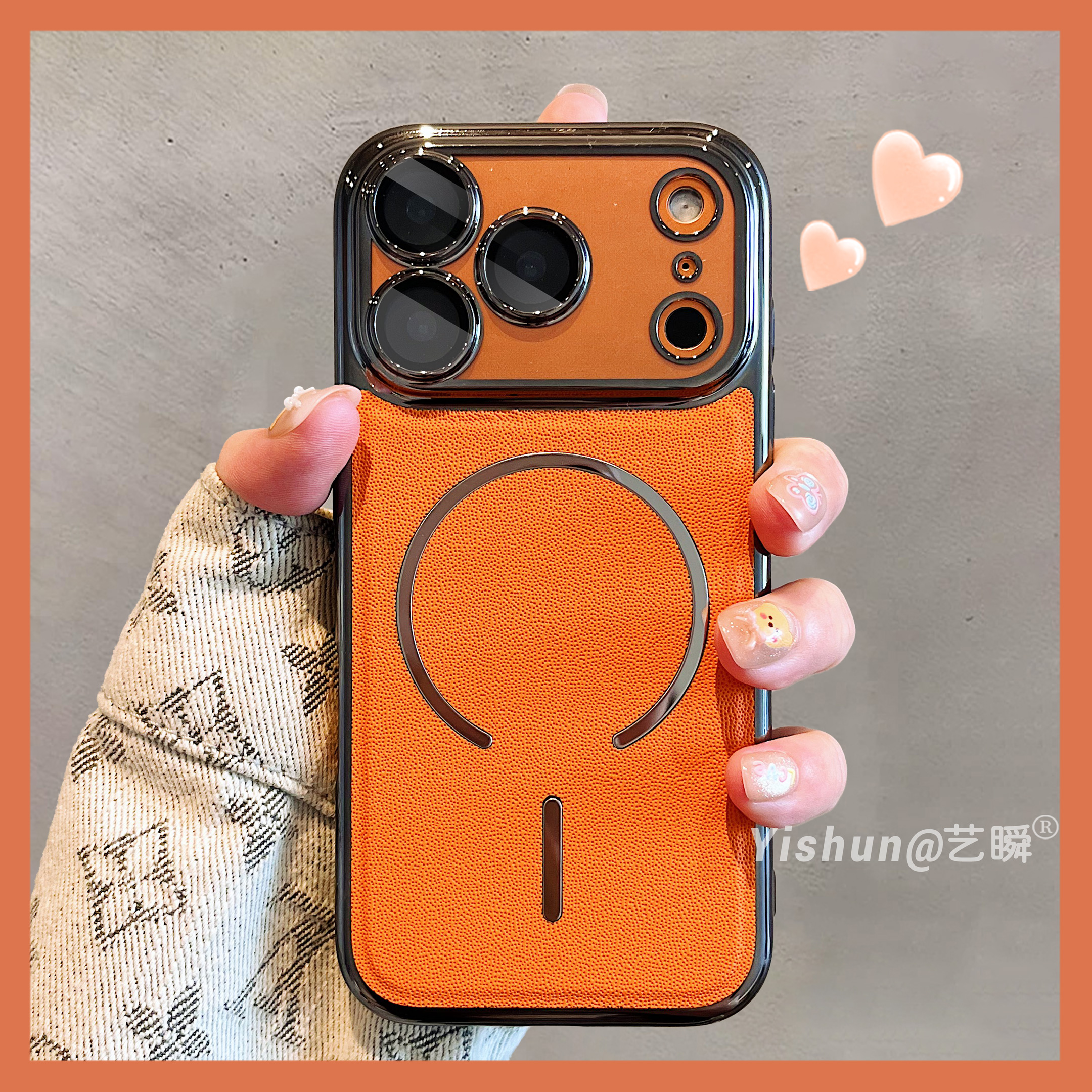 新款爱马仕橙电镀边框适用苹果17ProMax手机壳iPhone16磁吸镜头全包14pro银圈皮纹15pro女高级13素皮男保护套