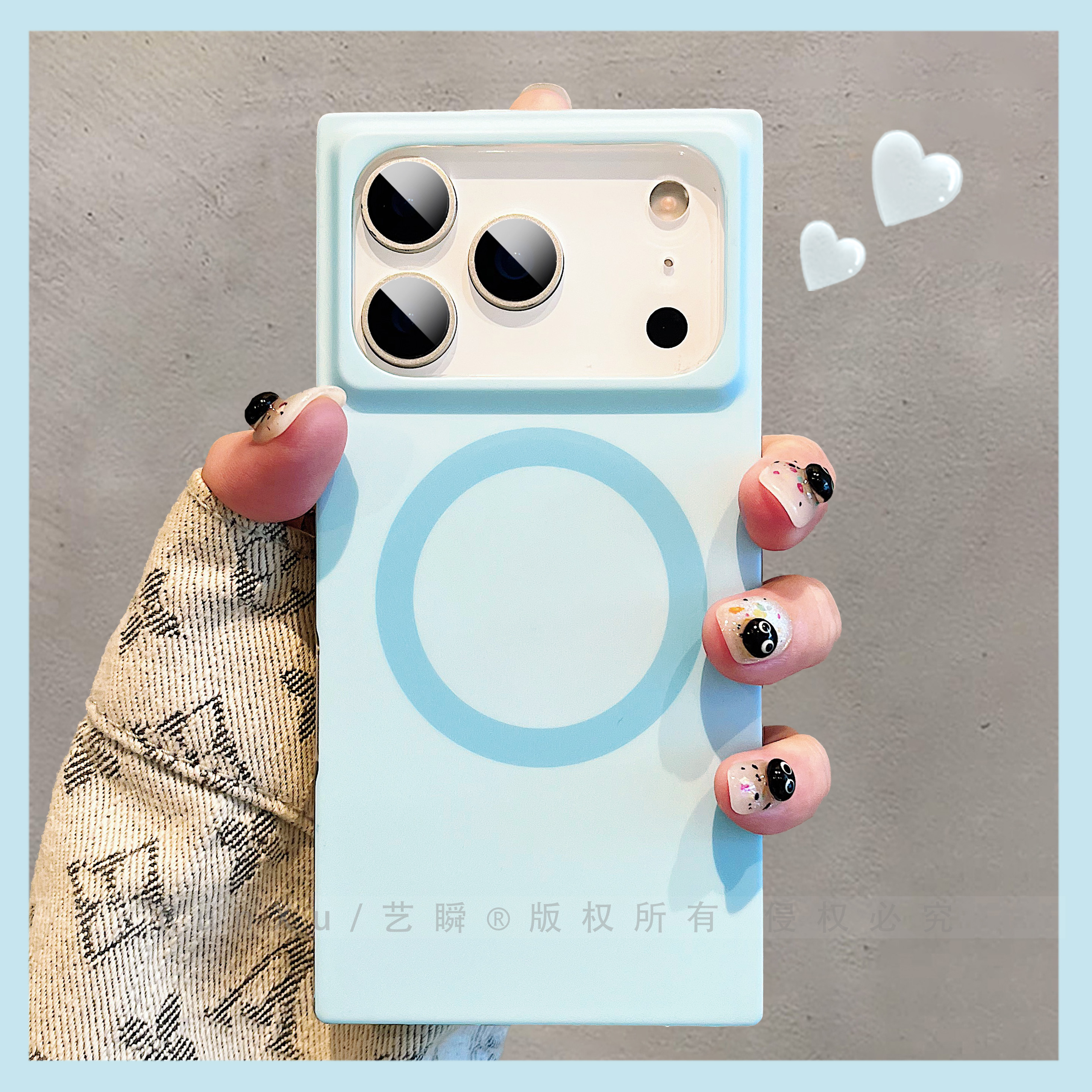 新款天空蓝设计感大孔方块壳适用苹果17ProMax磁吸手机壳iPhone16pro创意15按键保护ip14pro四角防摔13保护套