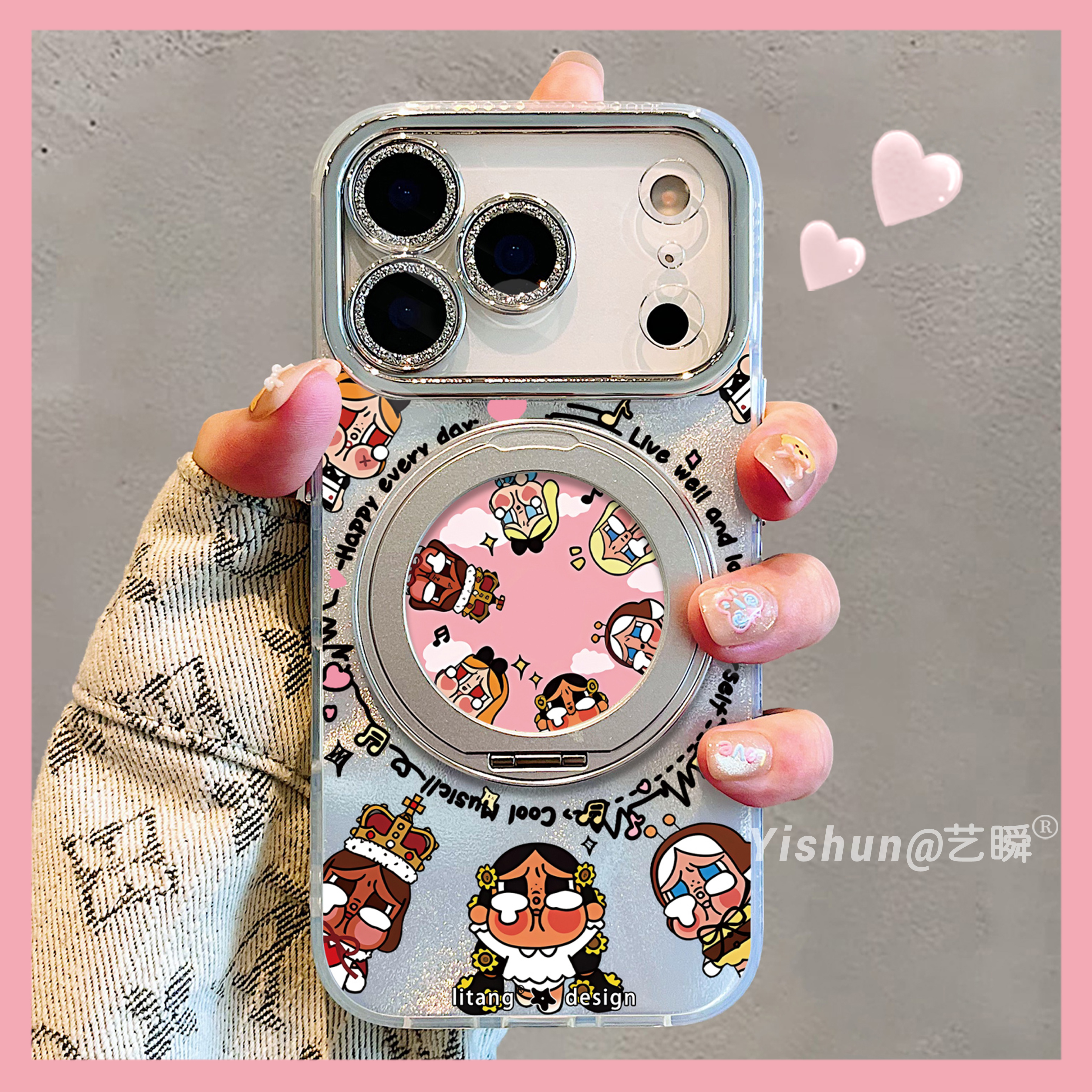 可爱趣味辣妹黑皮印度风围圈哭娃适用苹果17/17promax手机壳360旋转支架16pro支点壳iPhone14全包15pro保护套