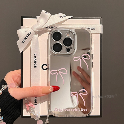 适用iPhone16ProMax手机壳新款苹果17pro高级感14plus粉色蝴蝶结补妆镜面13max简约小众12女款带挂绳15保护套