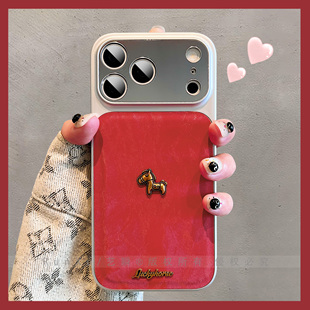 新年红马年款立体小金马适用iPhone17ProMax手机壳苹果16丝绒皮质13秒变镜面大视窗15肤感全包防摔ip14保护套