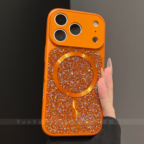 ins爱马仕橙闪耀炫彩闪钻适用苹果17ProMax磁吸手机壳新款iPhone16pro大视窗镜头膜15pm轻奢女款14全包保护套