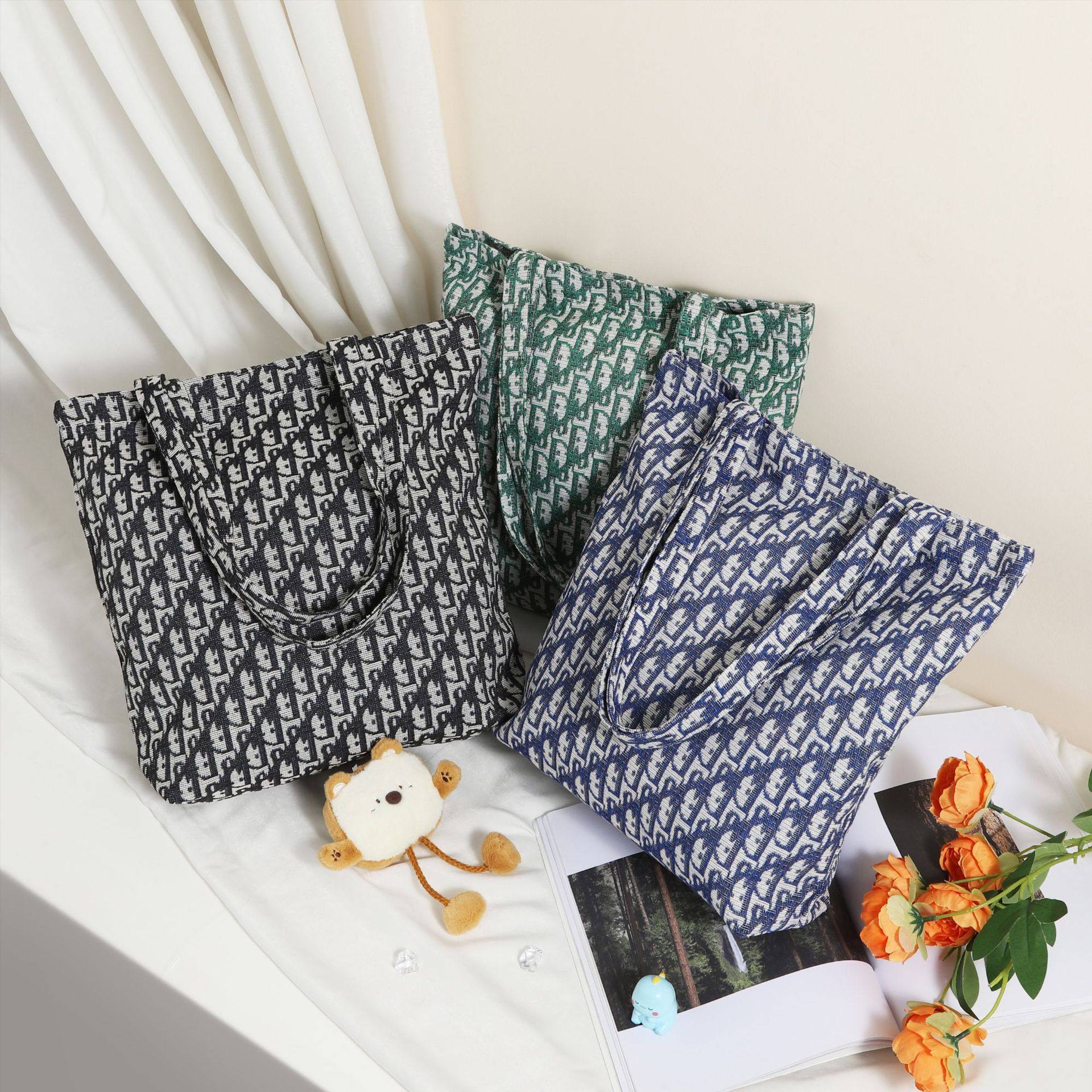 2024潮流慵懒轻奢风字母碎花棉麻百搭单肩包大容量日常通勤布包,收纳整理,购物袋/环保袋/帆布袋,淘宝优惠券,粉丝福利购,淘宝优惠卷