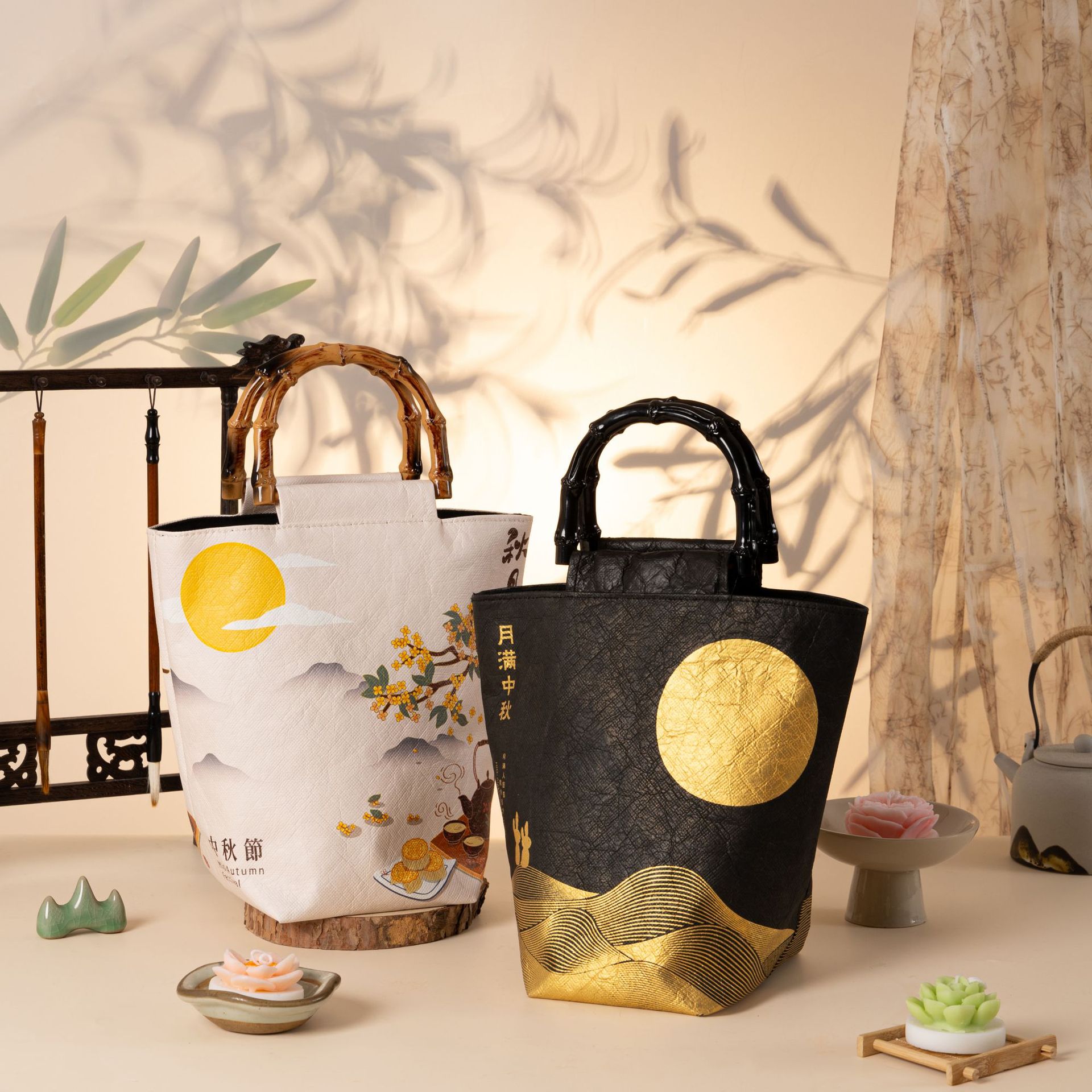 新款高端中秋新中式流心月饼包装袋蛋黄酥手提杜邦纸礼品袋伴手礼