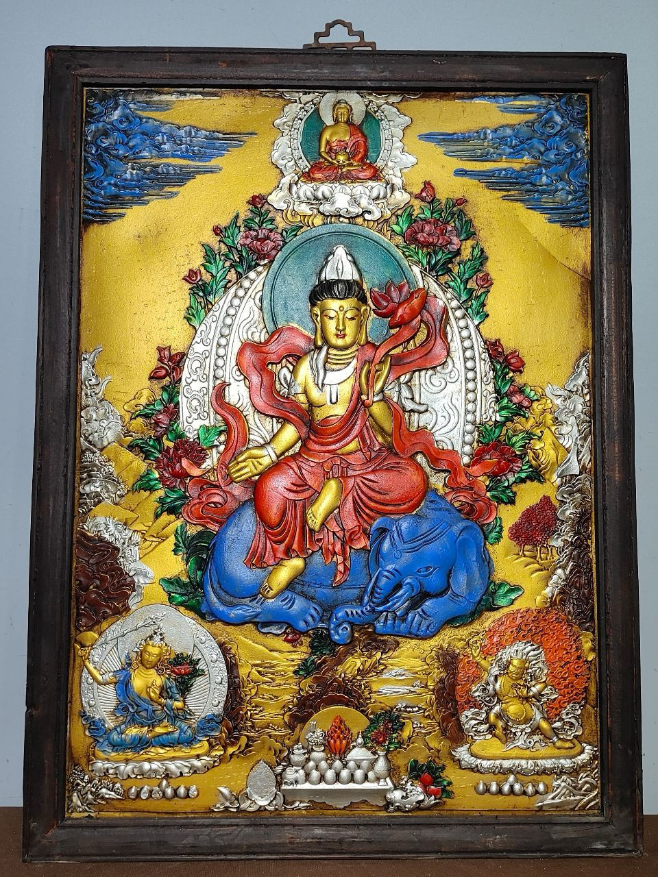 古董文玩木胎漆器手绘唐卡普贤菩萨挂屏中堂画客厅装饰画老物件