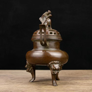 古董文玩纯铜紫铜陈巧生款朝天耳兽足望天吼熏香炉摆件复古老物件