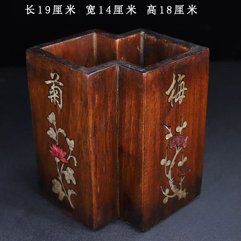 古董文玩珍藏花梨木镶贝壳梅兰竹菊双棱笔筒毛笔字画筒大号摆件
