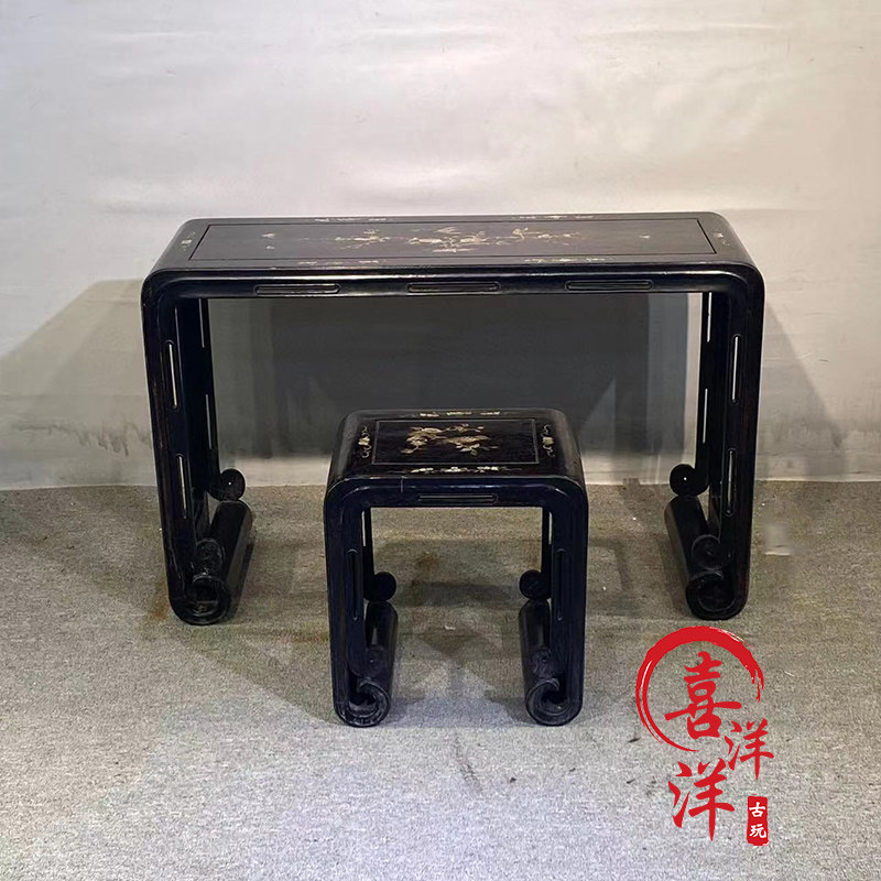 古董文玩紫檀木镶贝壳古琴桌琴凳中式书法桌古筝桌摆件复古老物