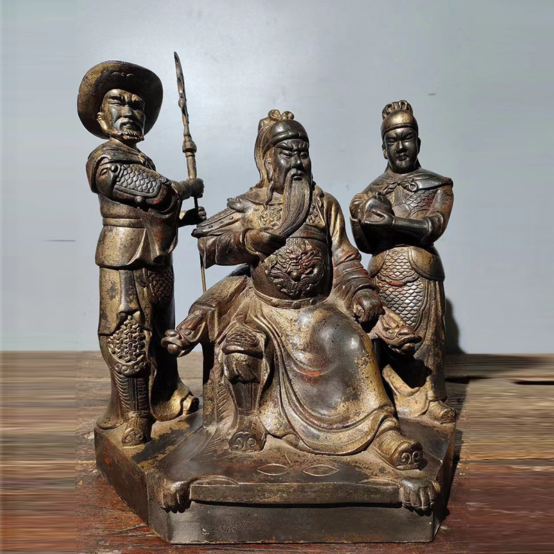 古董文玩纯铜胎泥金朱砂武财神关公坐像关平周仓三尊一套收藏摆件