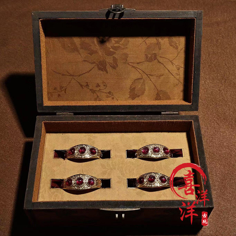 古董文玩乡下收清代鎏金镶嵌星光宝石手镯一盒配漆器盒复古老物件