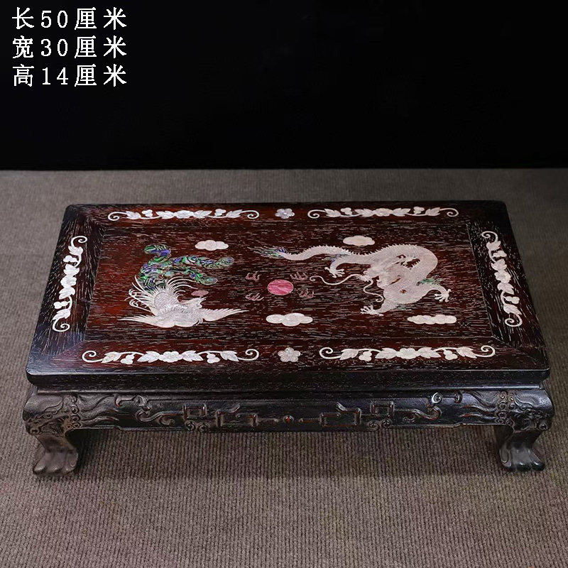 古董文玩小叶紫檀木镶嵌贝壳花鸟龙凤茶桌红木圆腿炕桌茶台摆件