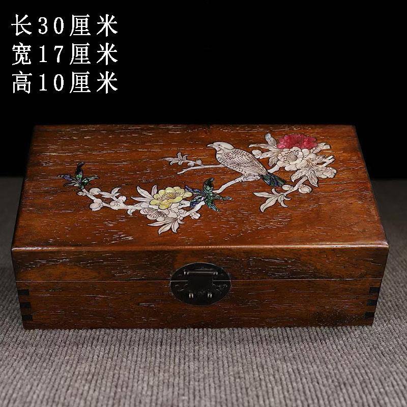 古董文玩缅甸花梨木镶嵌贝壳花鸟首饰盒红木螺钿收纳盒复古摆件