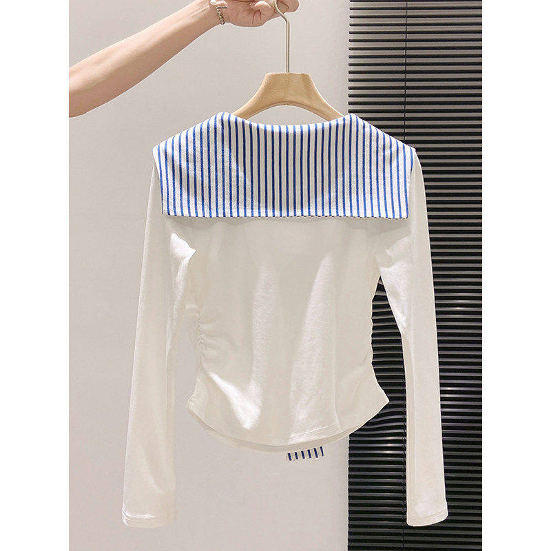 白色条纹披肩v领长袖t恤女春季2026新款修身内搭收腰上衣