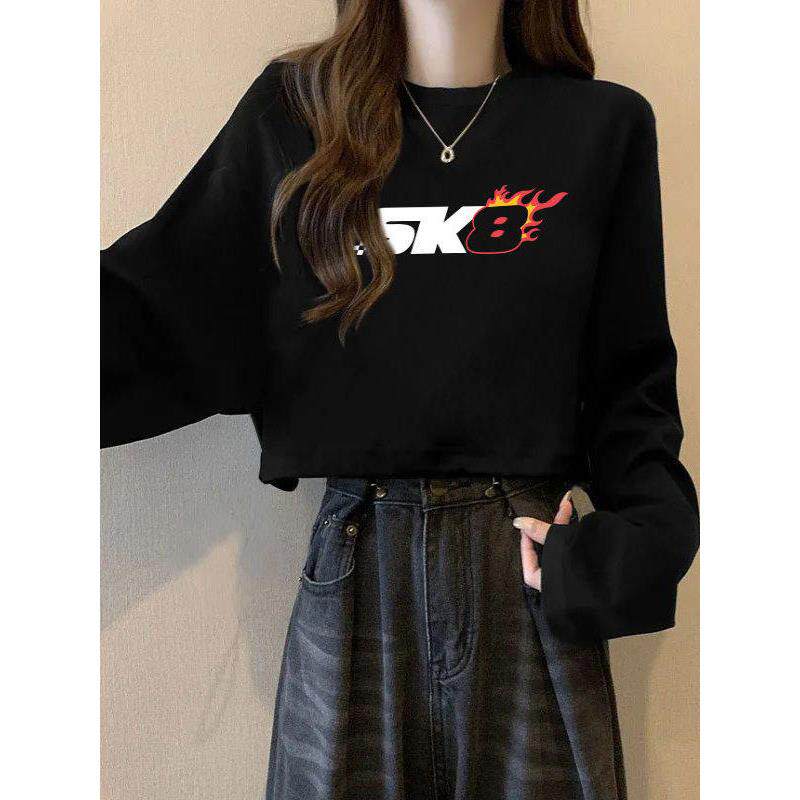 早秋季黑色打底衫女士内搭别致宽松圆领长袖t恤短款上衣ins慵懒风