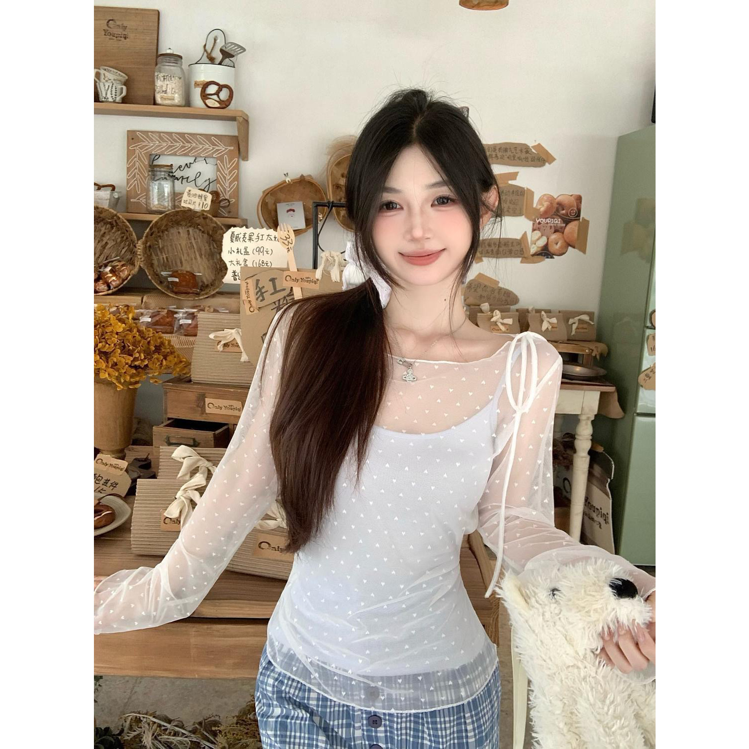 透视薄款甜美长袖T恤女夏季韩系chic宽松防晒罩衫上衣叠穿两件套