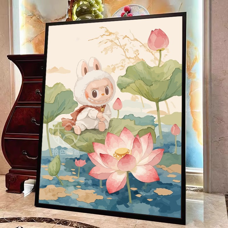 中国风荷花拉布布Labubu数字油画diy填充涂色手工卡通丙烯油彩画