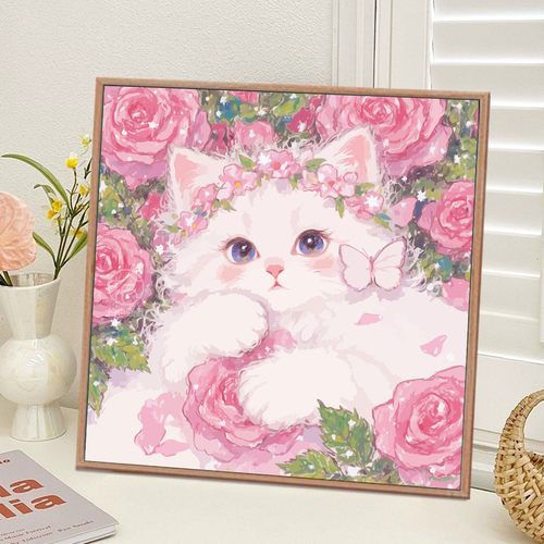 撒娇的玫瑰小猫数字油画diy填充涂色填色画手工绘无聊解闷油彩画