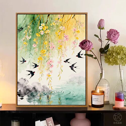 春日燕归来数字油画diy填充涂色填色画手工绘高颜值丙烯装饰挂画