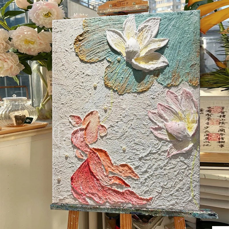国风锦鲤荷花石英砂肌理画diy手工绘全套材料数字油画客厅装饰画图片
