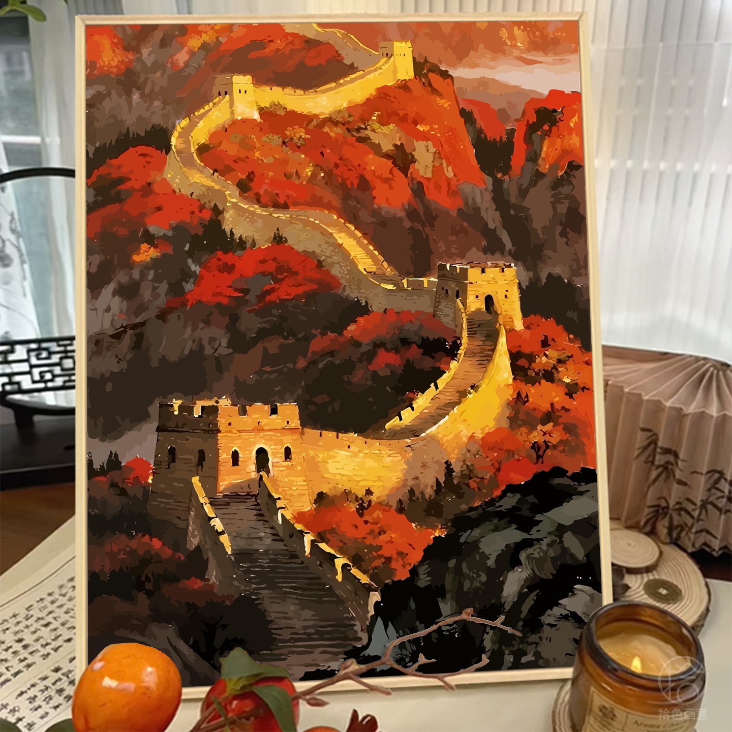 秋天风景油画布万里长城diy涂色