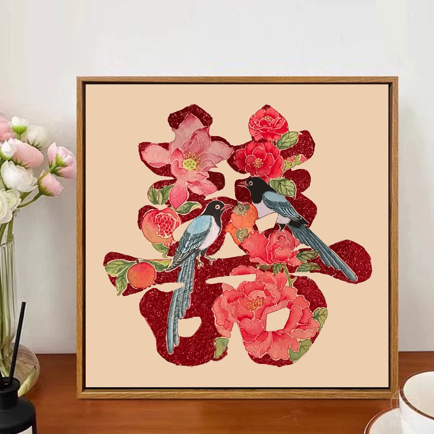 喜鹊繁花数字油画diy填充涂色