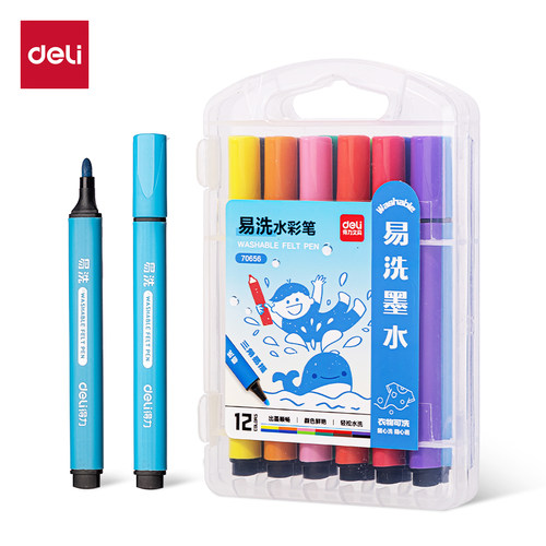 得力70656粗三角杆易洗水彩笔(混)(12支/盒)