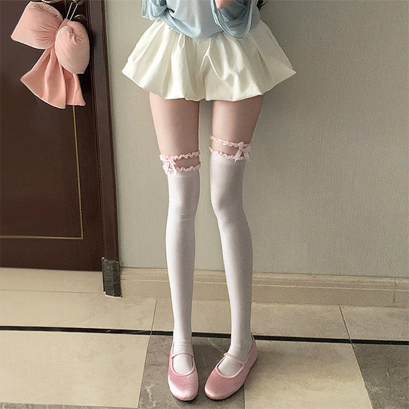 粉色花边Lolita高筒袜子女天鹅绒