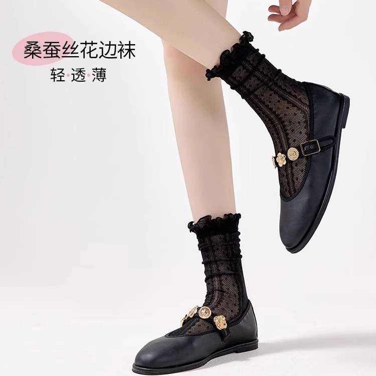 桑蚕丝堆堆袜子女夏薄款miu系芭蕾风蕾丝袜子夏天花边乐福鞋透气