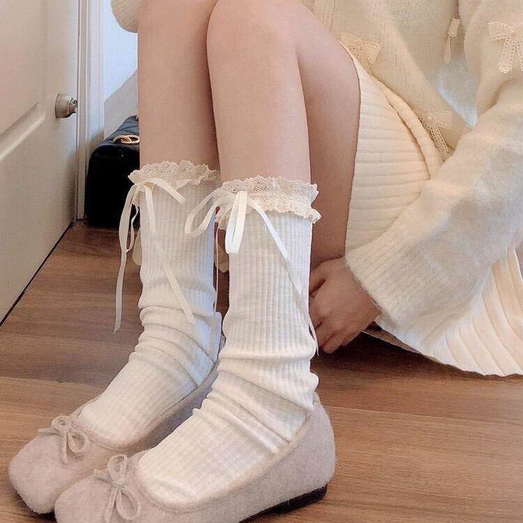 白色蕾丝花边小腿袜女夏季薄款中筒堆堆蝴蝶结袜子lolita百搭纱袜