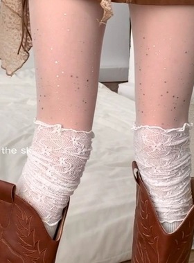 蕾丝长筒袜过膝搭长靴春秋纯欲风白色日系网红长袜棉花边大腿袜女