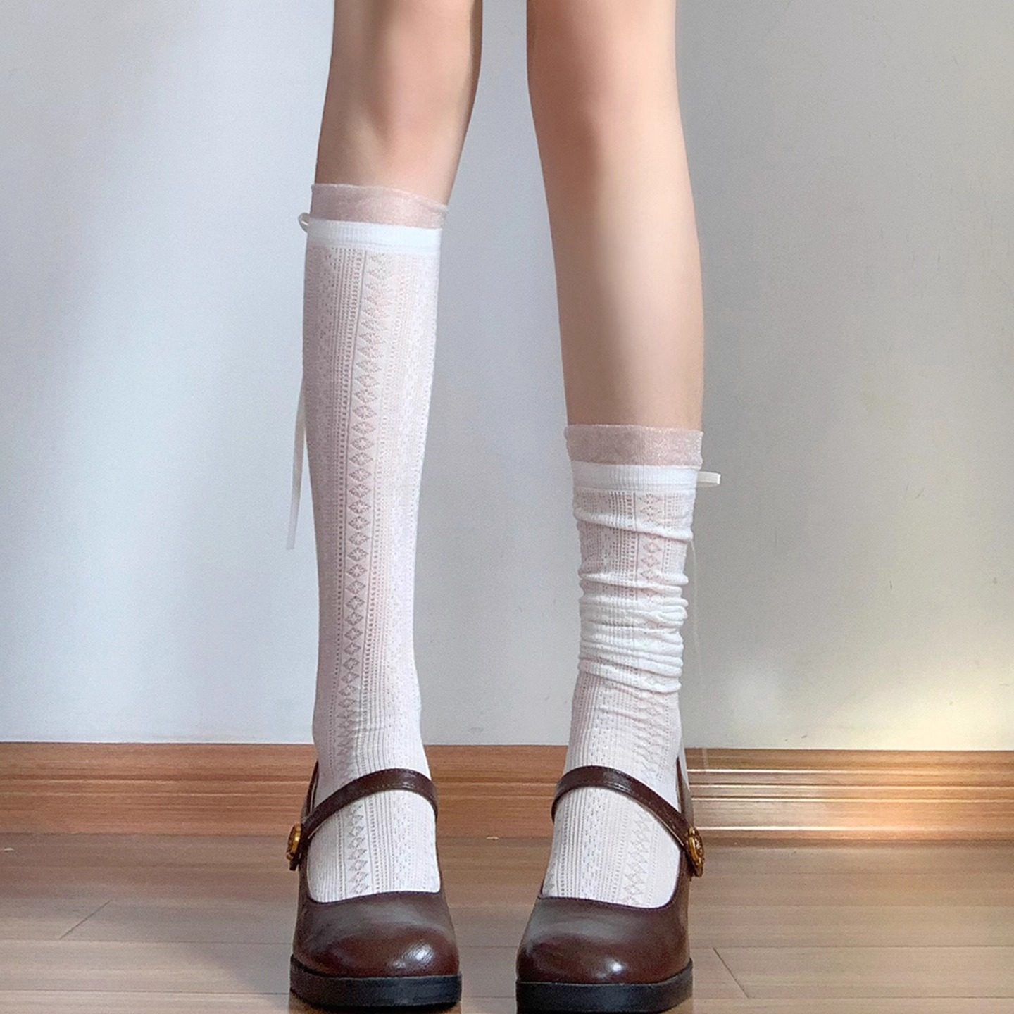 白色小腿袜女夏薄款蝴蝶结堆堆袜