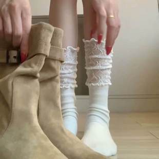 搭配短靴的袜子蕾丝花边拼接堆堆袜靴袜长筒小腿推推袜靴子袜腿套