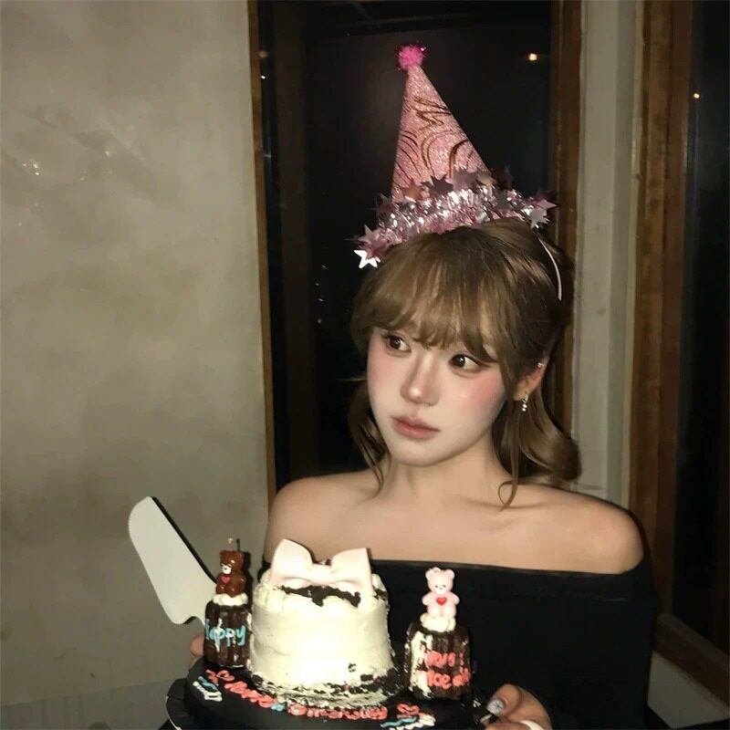 超闪亮片星星粉色毛球生日帽少女