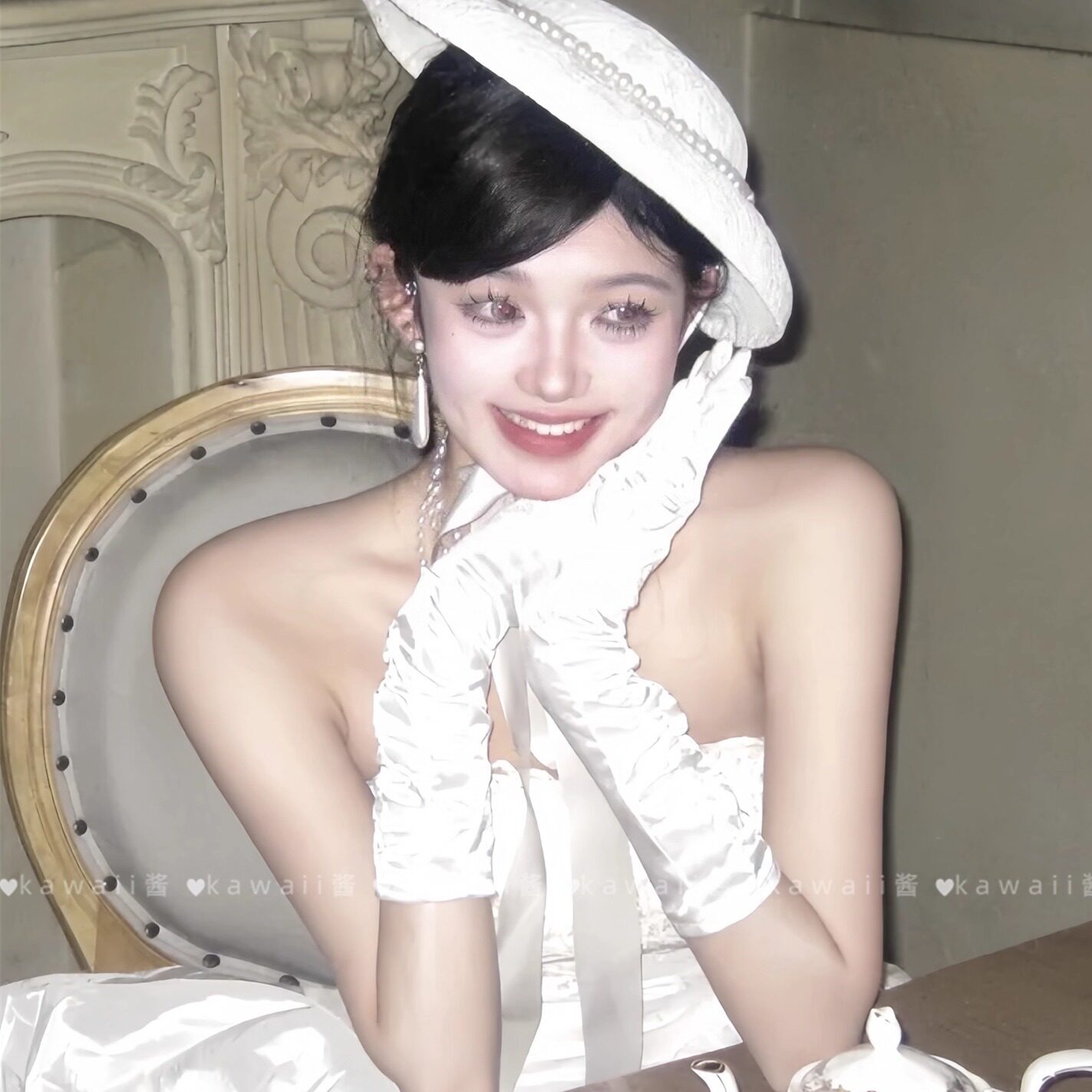 法式复古白色赫本蕾丝珍珠绑带礼帽万圣节晚宴名媛风礼服手套帽子