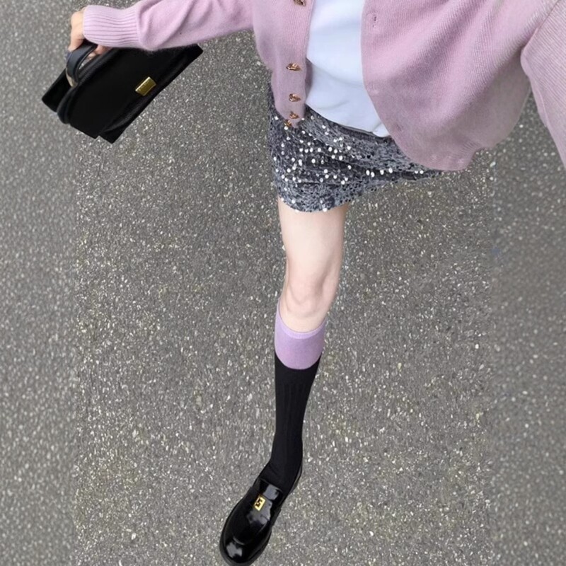 蓝彩条纹!韩国拼接撞色小腿袜