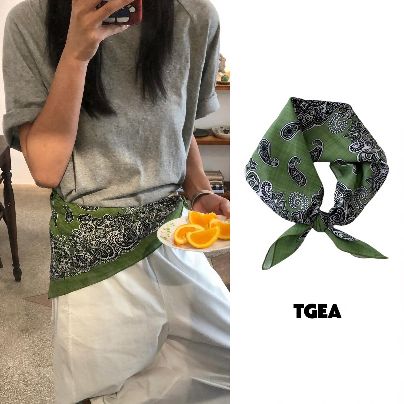 复古绿色腰果花丝巾女新款多功能