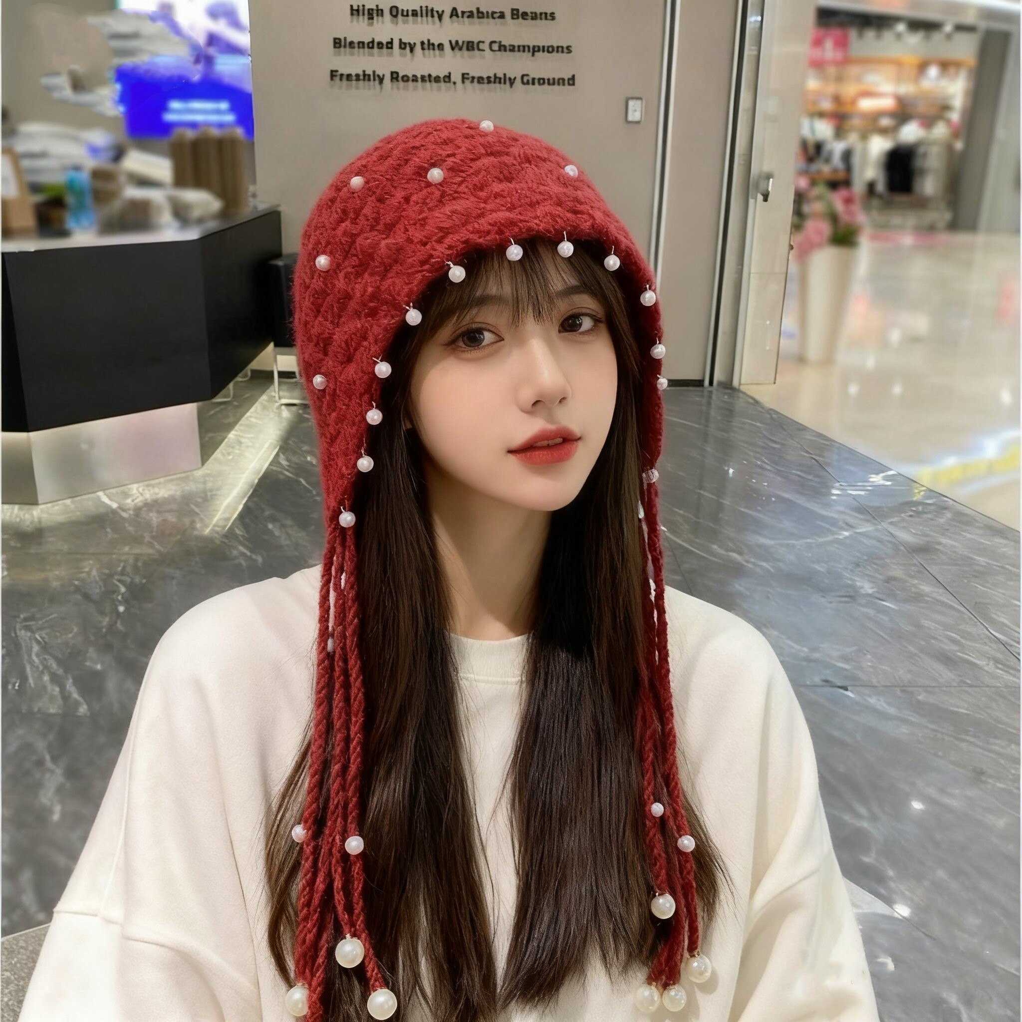 秋冬复古珍珠流苏针织帽女套头帽