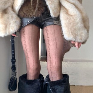 辣妹严选!!复古咖丝有点亚亚穿搭~提花条纹棕色蕾丝丝袜女薄款