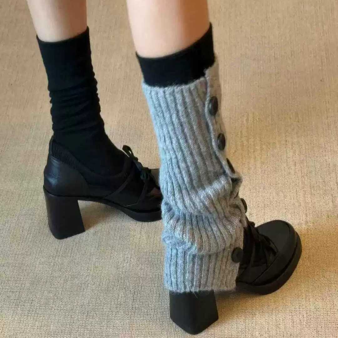 纽扣针织堆堆袜套女秋冬坑条开叉