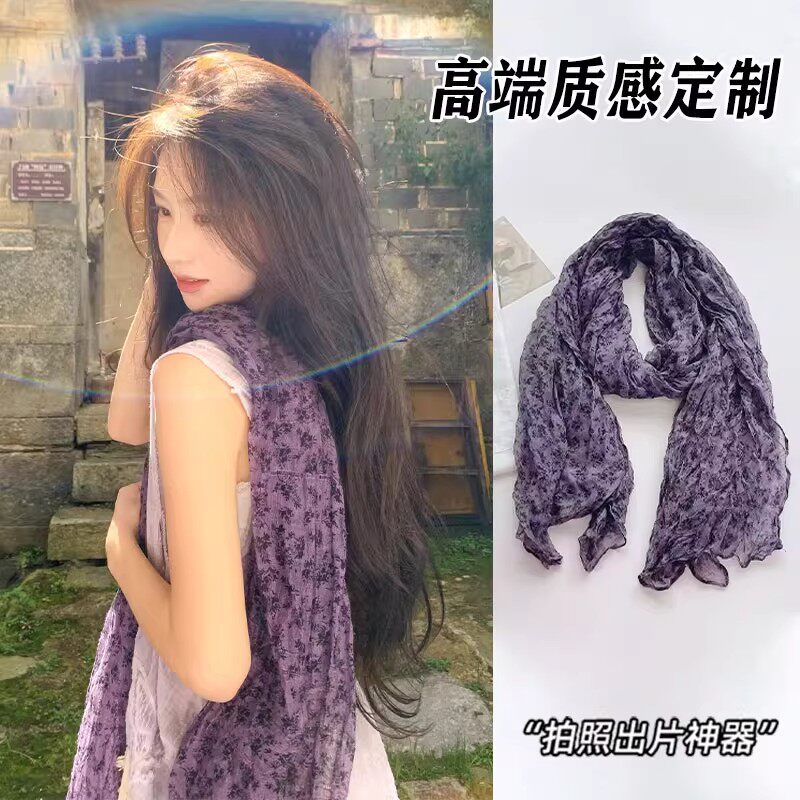 云南丽江出游复古碎花围巾女文艺民族风棉麻褶皱丝巾系脖披肩拍照