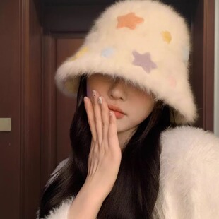 星星真兔毛渔夫帽子女款2026新款冬大头围保暖防寒百搭毛绒水桶帽