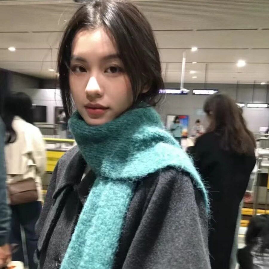 韩国氛围感松石绿色针织含羊毛围巾少女冬季保暖显白百搭围脖纯色