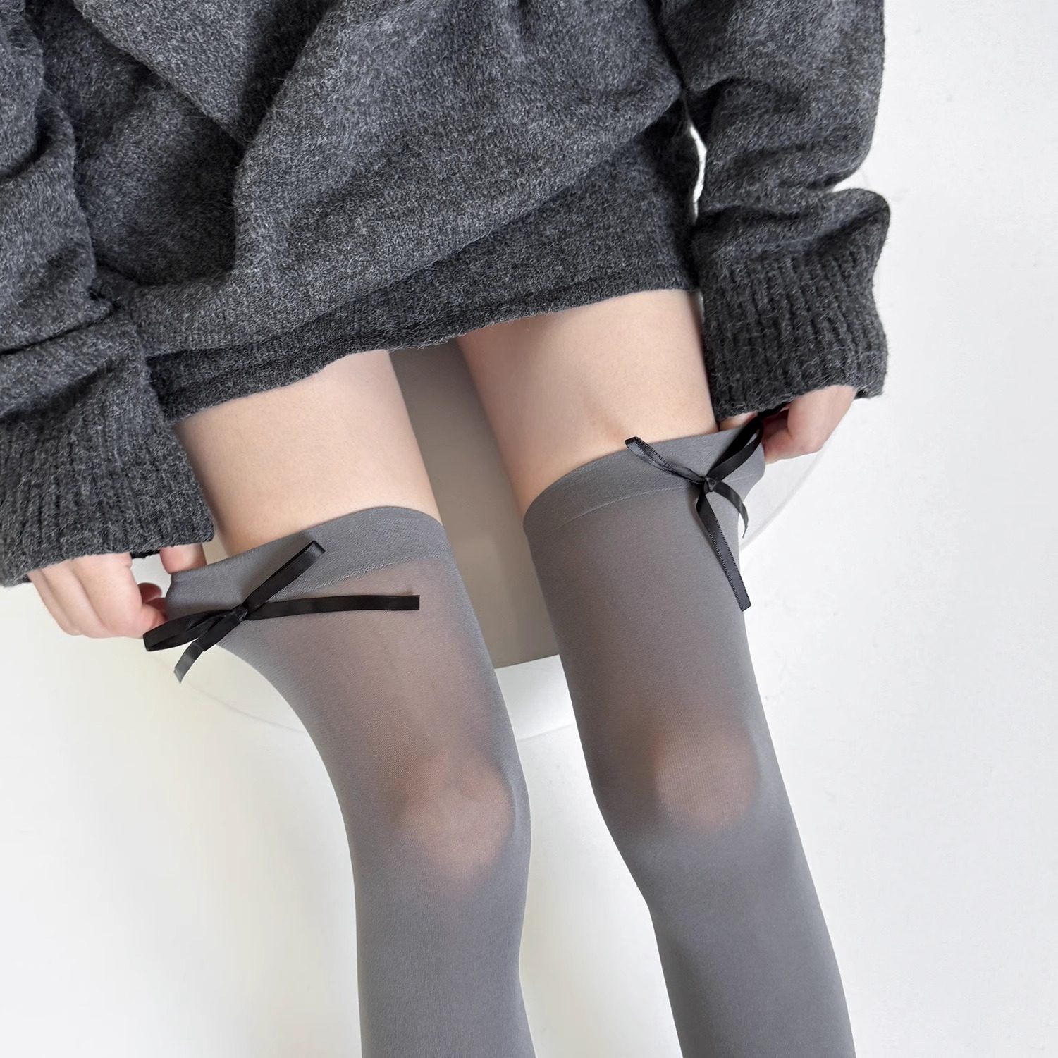 春夏芭蕾风jk天鹅绒蝴蝶结过膝袜