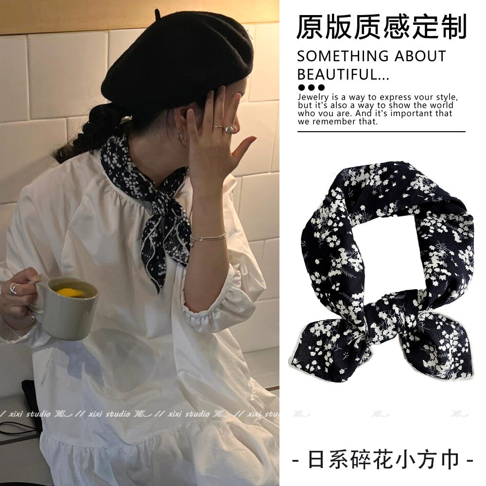 日系碎花棉麻小方巾文艺氛围感小丝巾护颈系脖配饰复古围巾颈饰女