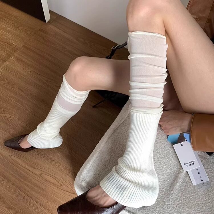 复古摩登女郎日常穿搭及膝袜套网纱拼接薄款叠穿堆堆小腿袜套鞋带