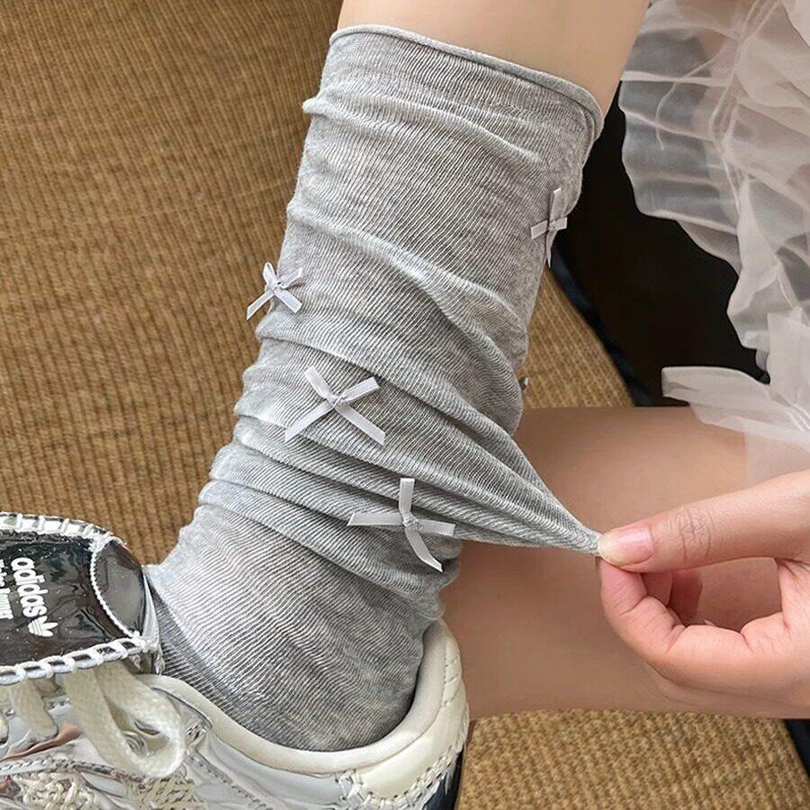 芭蕾风灰色小腿袜子女配裙子春夏薄款纯棉蝴蝶结中长筒堆堆袜甜美