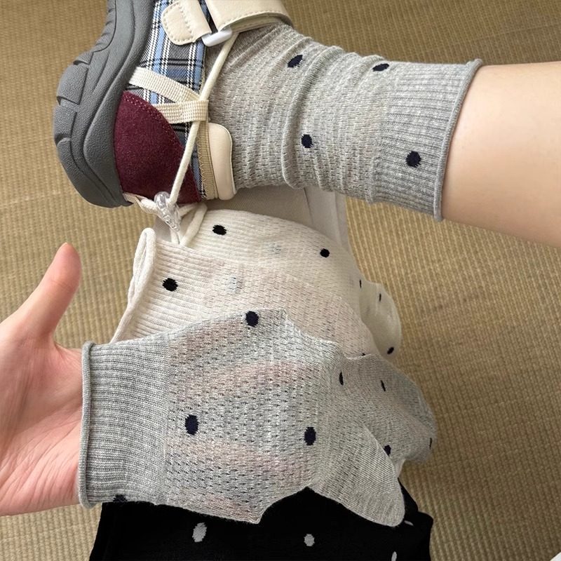 灰色堆堆袜子女夏季薄款透气纯棉波点中筒袜配凉鞋芭蕾风长袜夏天